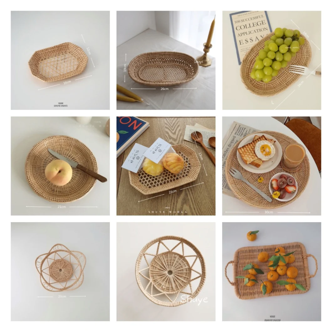 Rattan Fruit Basket Hand-Woven Tray Breakfast Bread Small Basket Fruit Tray Home Living Room Storage Basket Shooting Props