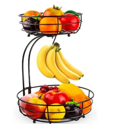 2 Layer Countertop Fruit and Vegetable Basket Bowl Storage Rack Metal Black