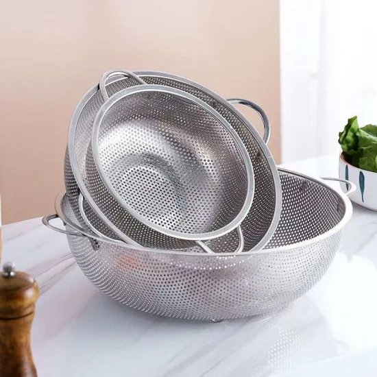 201 Kitchenware Stainless Steel Fruit Vegetable Rice Washing Drain Filter Strainer Wire Mesh Storage Basket with Handle