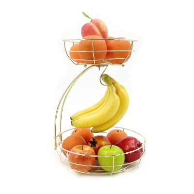 Custom Metal Wire Detachable Gold 2 Tier Fruit Basket with Banana Hanger Stand